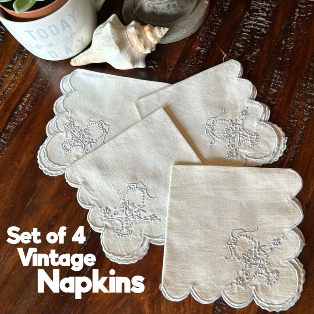 Set of 4 Vintage Napkins-White/Blue Embroidery Detail-Cotton